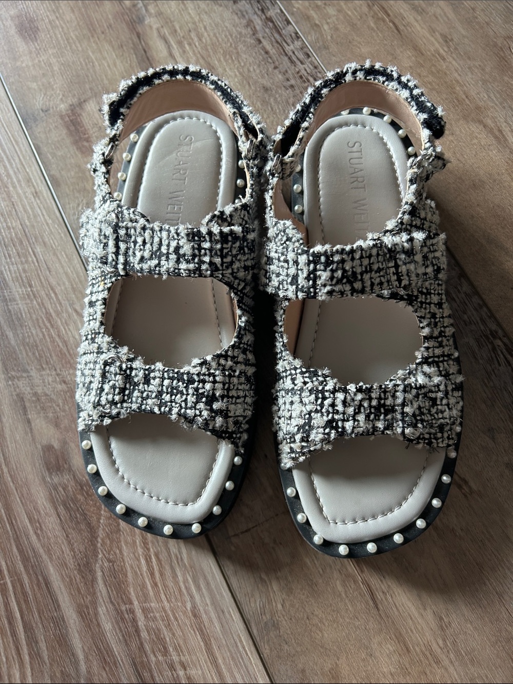 Stuart Weitzman Zoe Lift Tweed Pearl Black Sandals